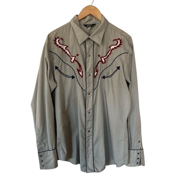 Rare Vintage 70s Levi’s Western Grey Embroidered Pearl Snap Shirt XL